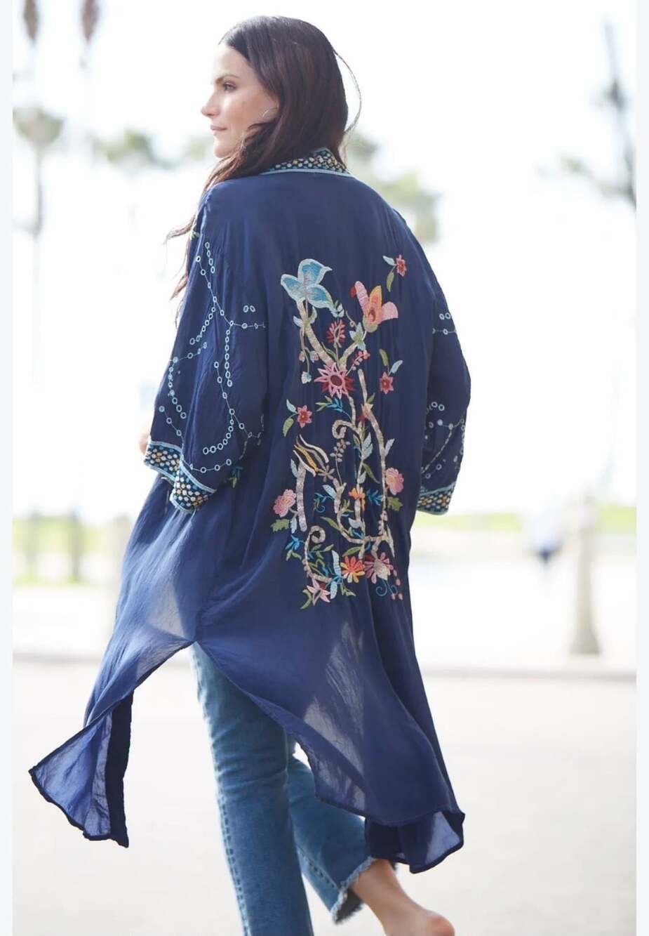 Johnny Was Navy Embroidered Long Kimono Duster Size S Floral NWT